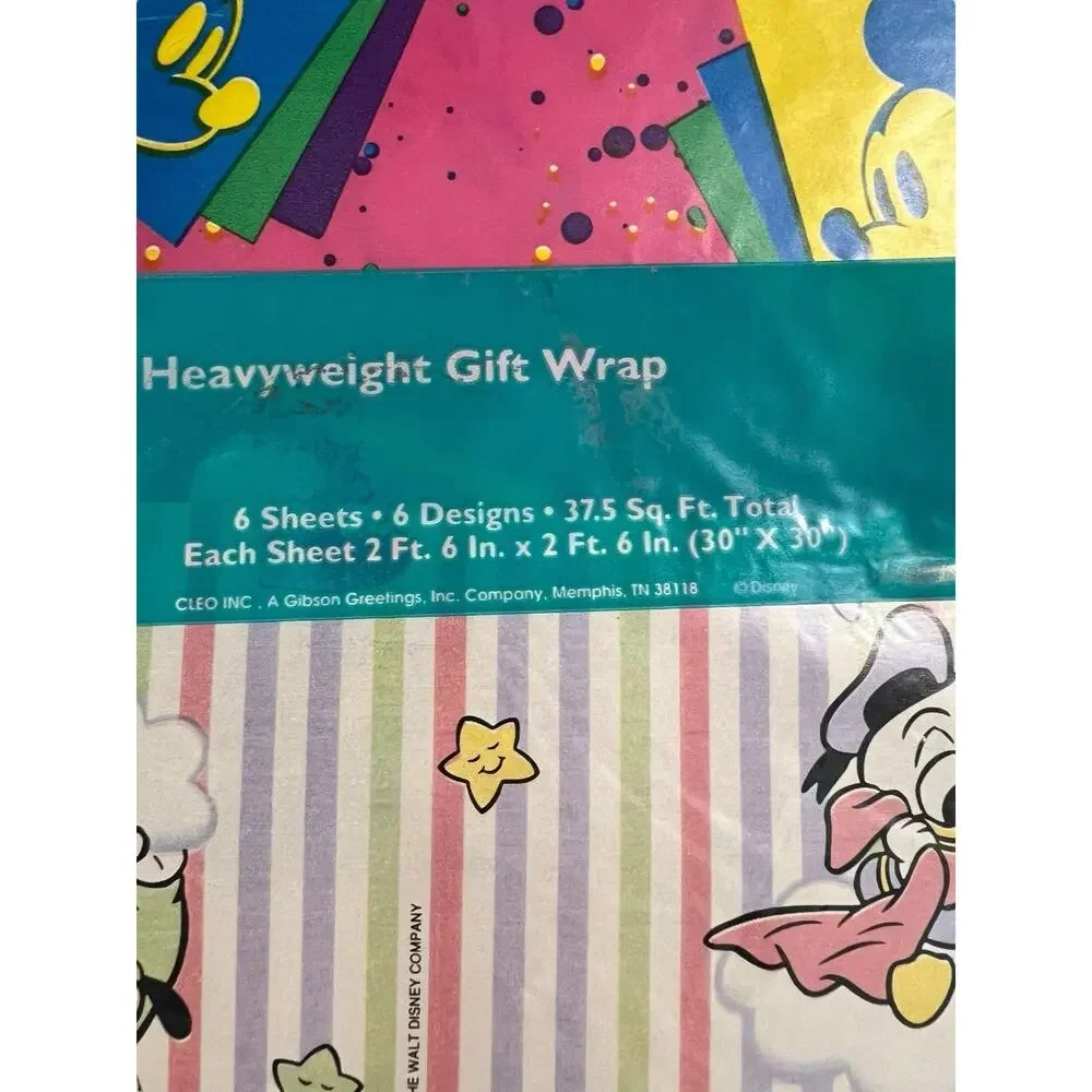 CLEO 80s Disney Mickey Mouse Minnie Goofy Wrapping Paper Flat 6 Sheets 37.5 Sq F